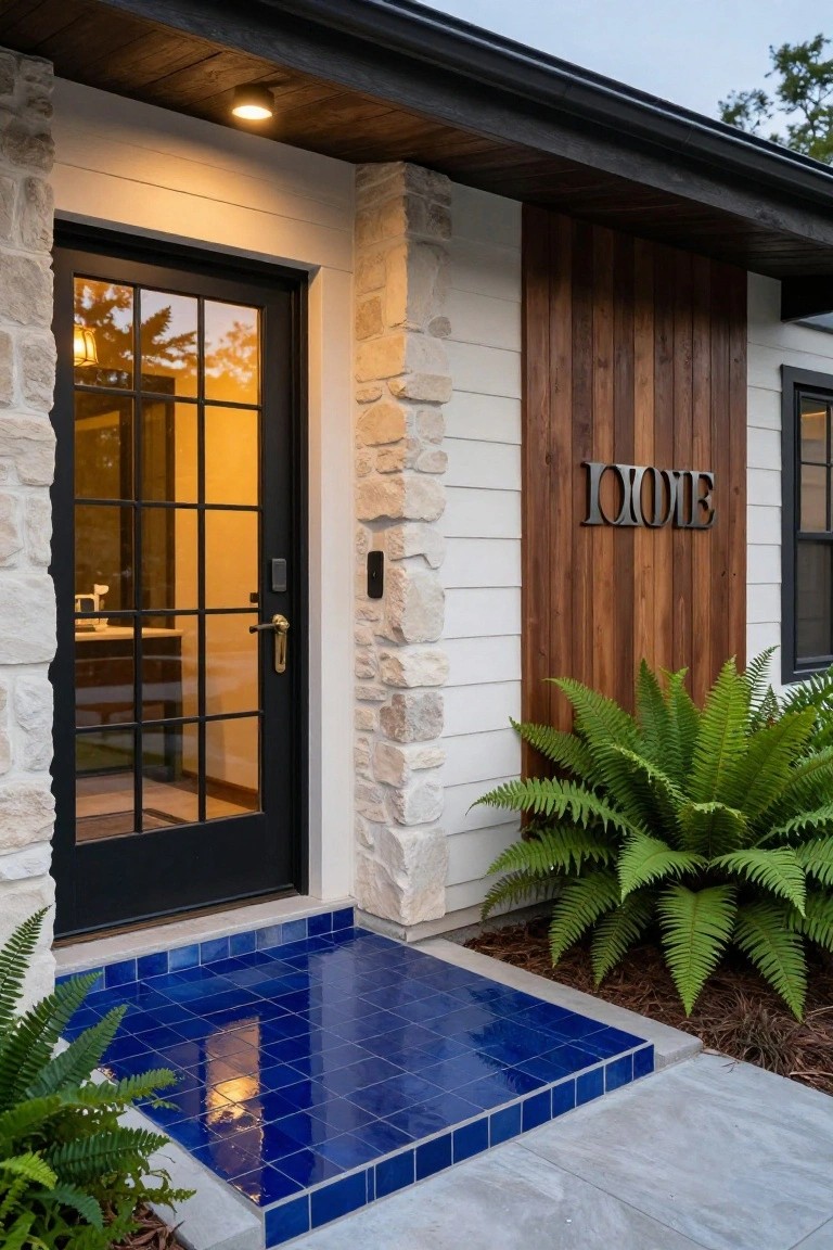 A house entry with a black door, stone columns, vertical wood siding, white horizontal siding, and a blue tiled step in front.
