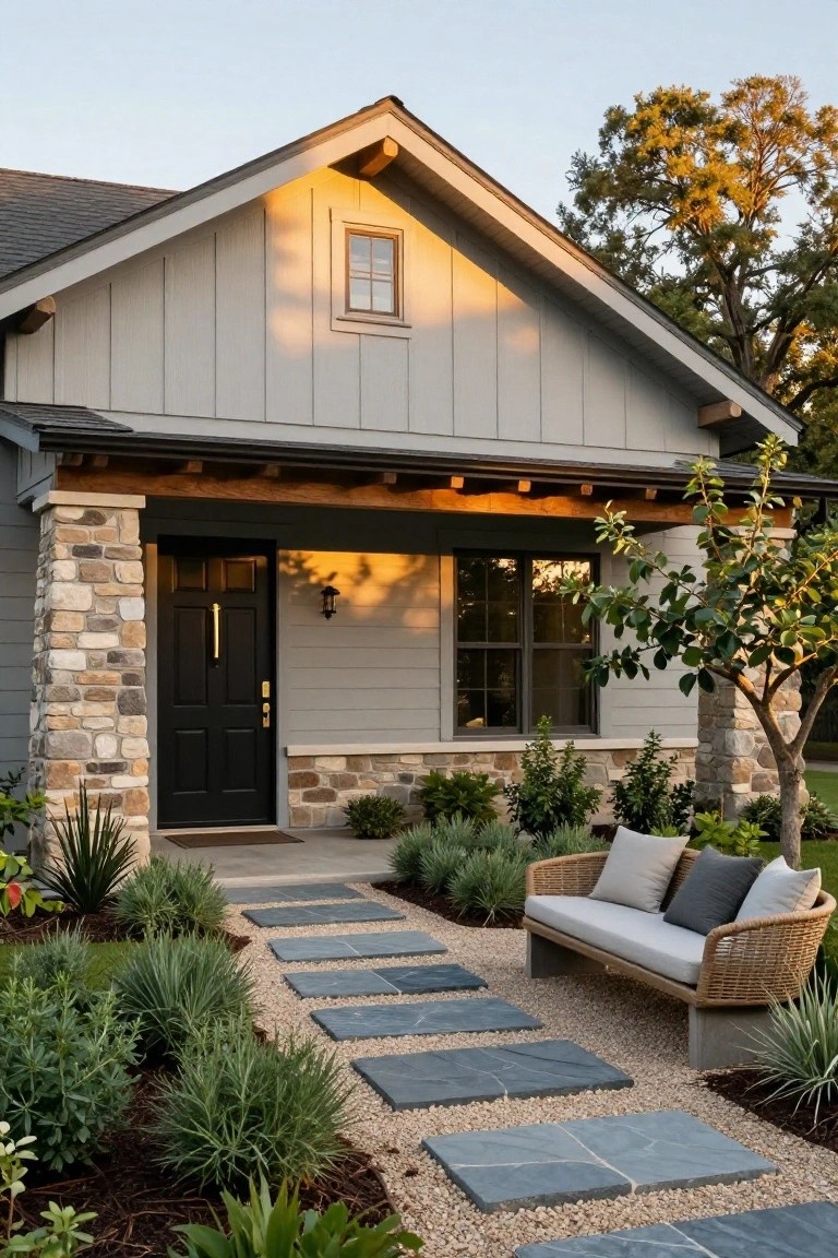 Gray house with black door, stone path, plants, and wicker bench at dusk