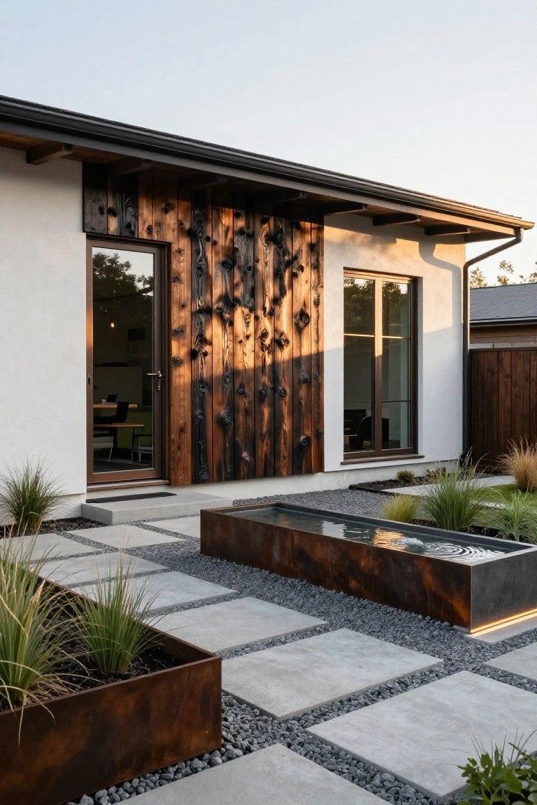 A modern ranch home exterior with white stucco walls, a section of charred wood siding, a glass door, and a courtyard featuring a long metal water trough, gravel, and concrete pavers.
