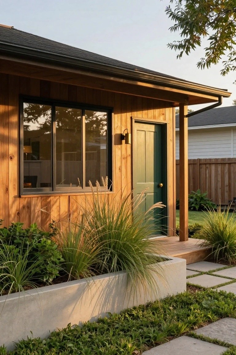 A wooden ranch house exterior featuring horizontal siding, a green front door, black-framed windows, and a concrete planter with tall grasses along the front.