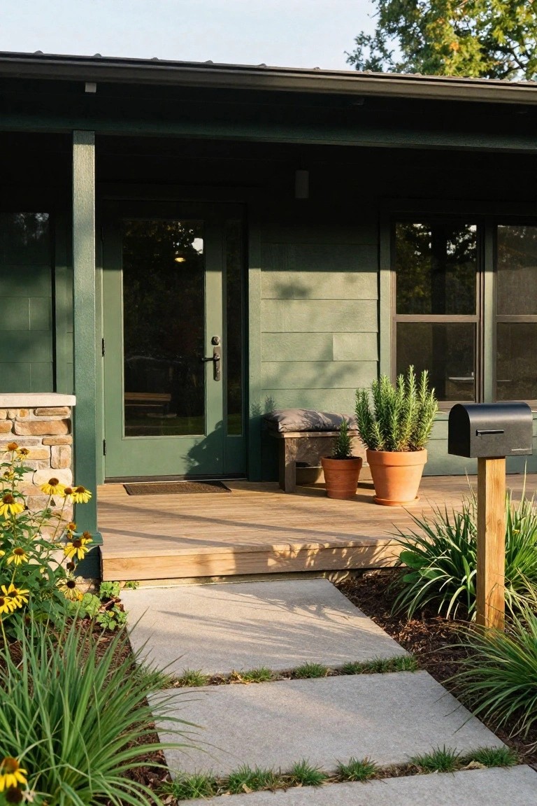 A ranch home exterior with green siding and matching green door, wooden porch, stone accent, potted plants, and a concrete front path.
