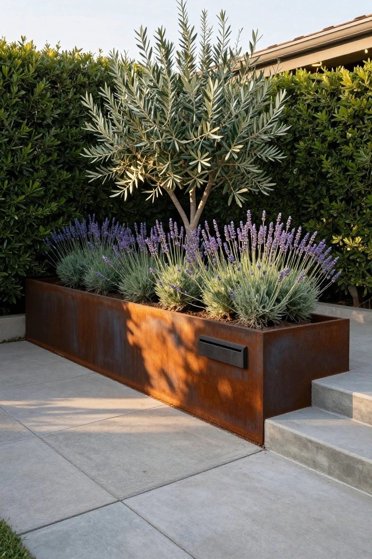 A long rectangular corten steel planter filled with lavender and an olive tree sits on a concrete patio next to steps with dense green hedges behind it.