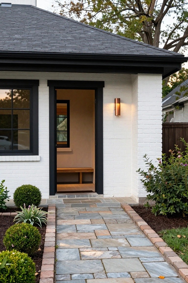 A white brick ranch home with black trim shows a recessed front door containing a wooden bench, a stone pathway leading up to it, and shrubs along both sides of the walk.