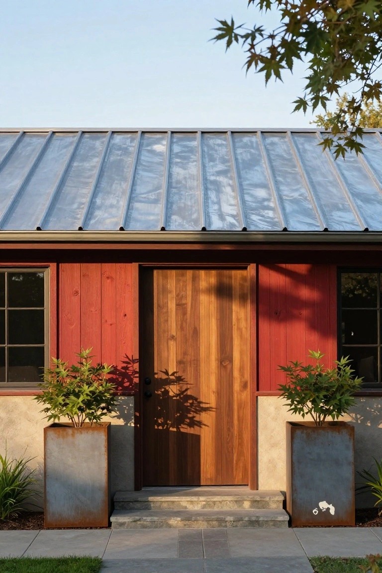 A ranch home exterior with a centered wooden front door set into red vertical siding, flanked by two large rectangular metal planters holding green shrubs, and stone steps leading to the door.