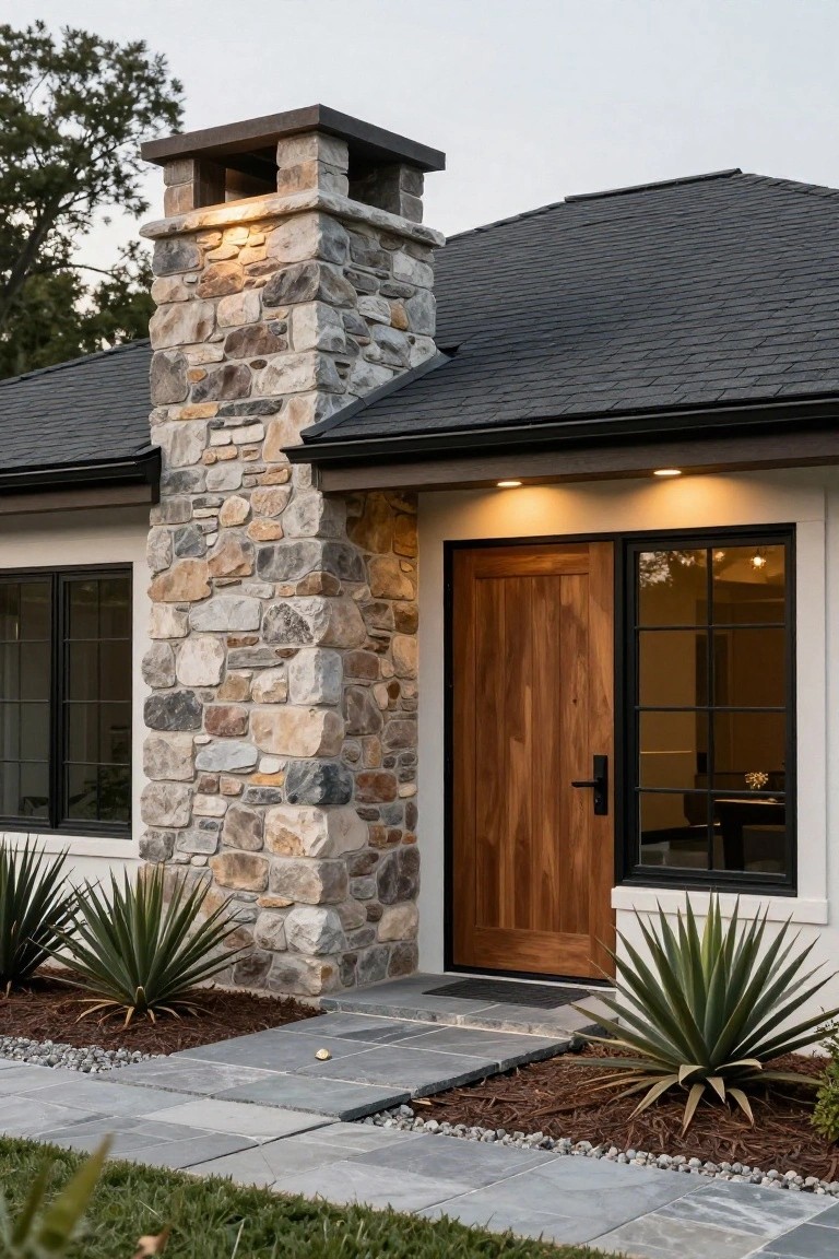 A ranch home exterior with a tall stone chimney next to a wooden front door, black-framed window, and agave plants along the walkway.