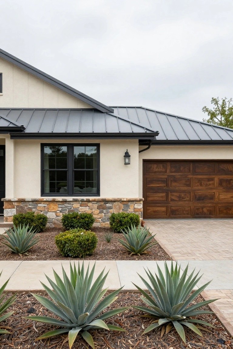 A ranch-style house exterior with beige walls, a dark metal roof, a stone veneer base under the windows, a wood garage door, and agave plants in the front beds.