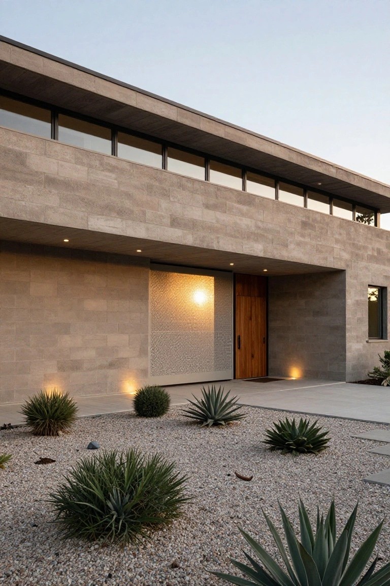 Modern stone house with wooden door, agave plants, and gravel landscaping at dusk