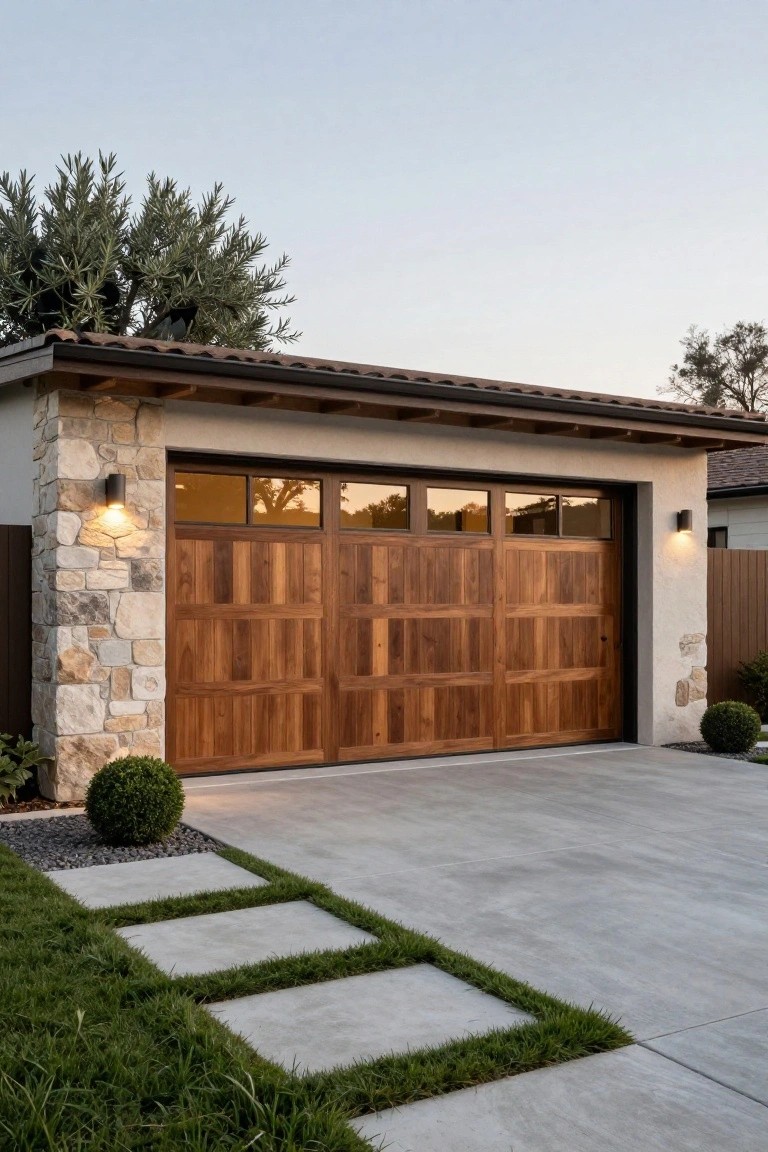 Front view of a ranch home showing a wide wooden garage door with horizontal panels and transom windows, a stone accent wall on the left, and a concrete driveway.