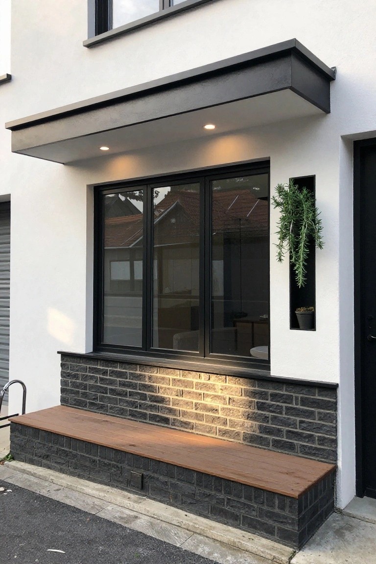 A modern house facade featuring a large black-framed window under a dark overhang, with a wooden bench built into the dark brick base and a narrow plant niche to the right.
