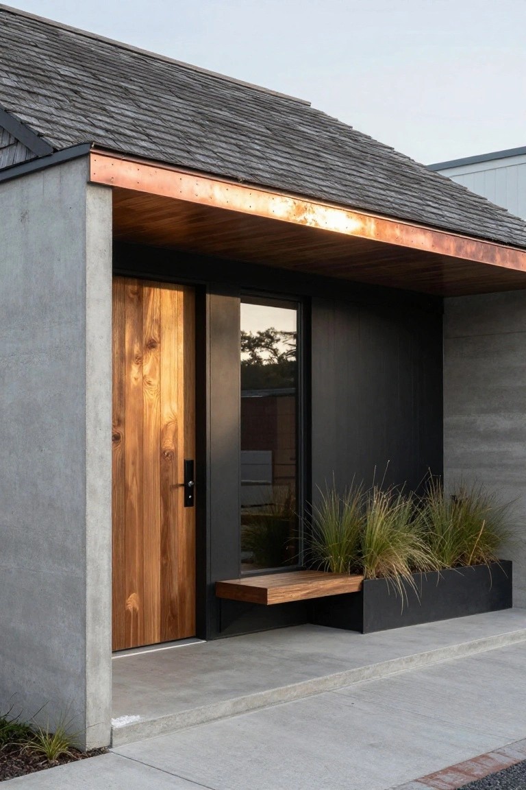 Modern entryway with wood door, concrete walls, copper trim, bench and grass planter