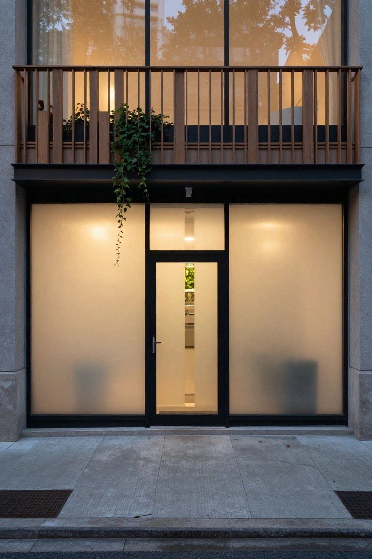 Modern building facade with frosted glass panels flanking a narrow central glass door and a wooden balcony above.