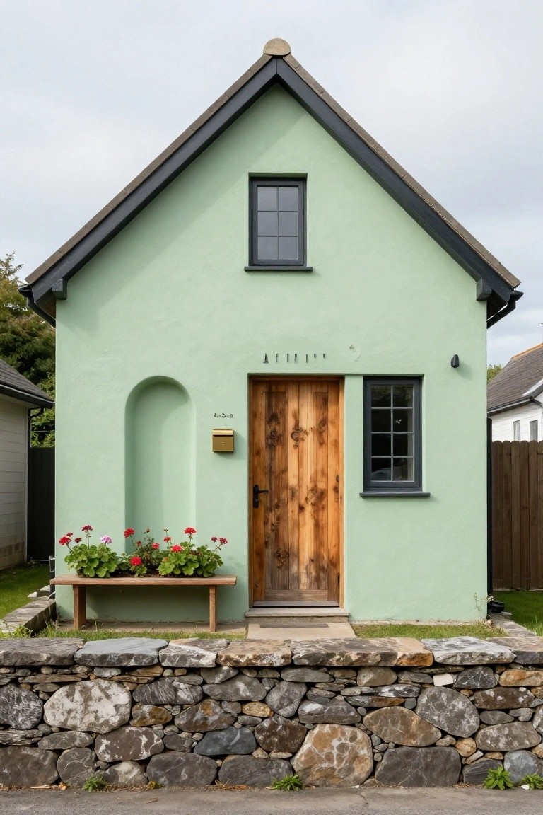 A small green house with a gabled roof, centered wooden front door, black window trim, and a low stone wall along the front.