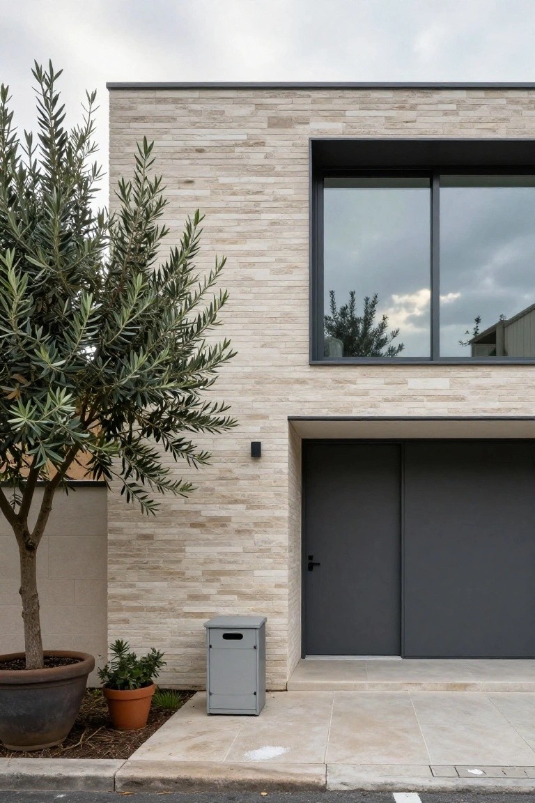 Modern two-story house exterior featuring light stacked stone cladding, large black-framed windows on the upper level, a dark gray door and adjacent garage door, and a large potted olive tree to the left of the entrance.
