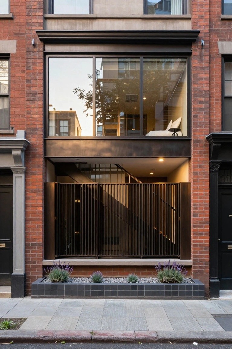 A red brick building facade shows a large upper window and a recessed ground entrance with vertical metal bars over a staircase, plus a low planter with lavender at sidewalk level.