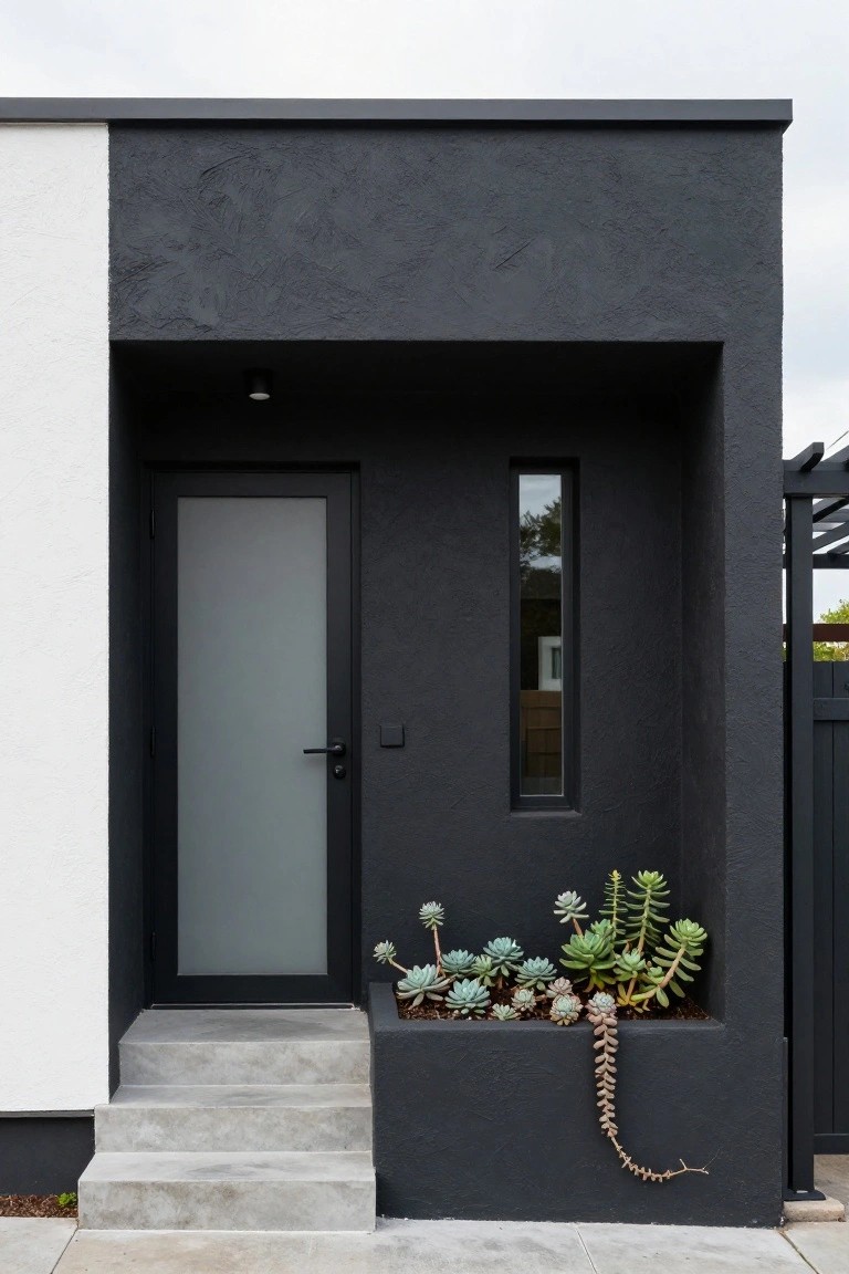 A modern dark gray house facade showing a black front door with concrete steps, a tall narrow window, and a recessed built-in planter containing succulents.