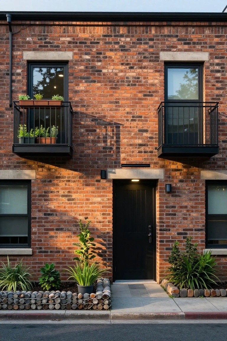Red brick building entrance with black door, balconies, and potted plants in garden bed