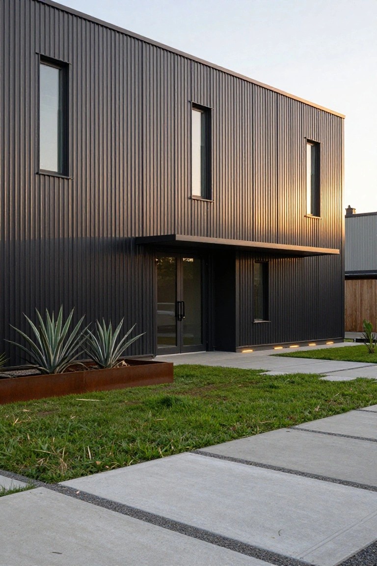 A modern two-story house with dark vertical corrugated metal siding, narrow windows, double entry doors under a flat canopy, and a rusted planter with plants in the foreground.