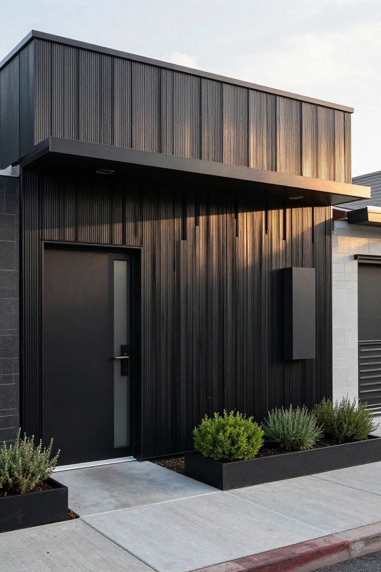 Modern black building with vertical siding, dark door, and green planters on sidewalk.