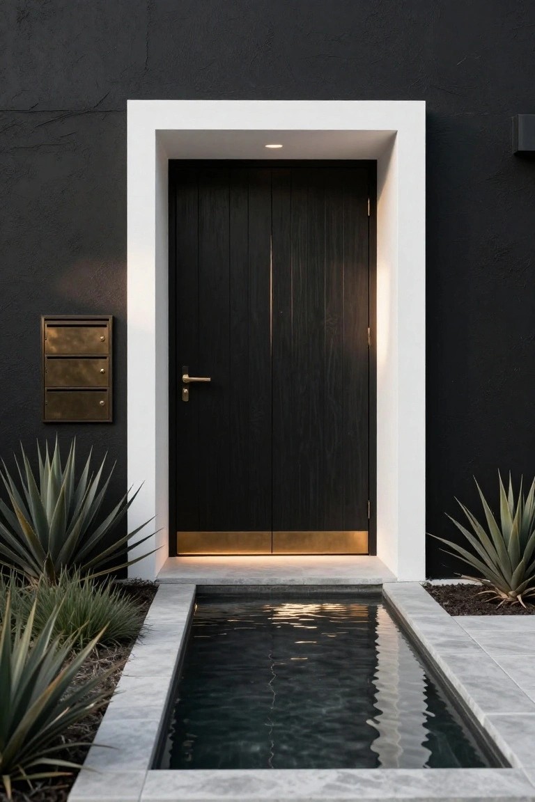 Modern black double front door with white frame, brass hardware, and a long rectangular water feature leading to the entrance, flanked by spiky plants.