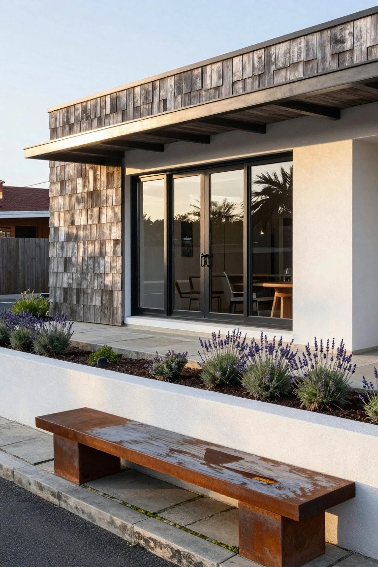 Modern house exterior with a wall of weathered wood shingles, large black-framed glass doors, and a rusted metal bench beside a planted bed of lavender.