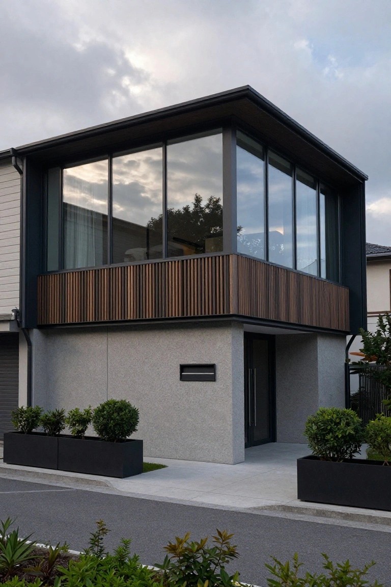 Modern two-story house with large glass windows, wooden balcony, and gray facade