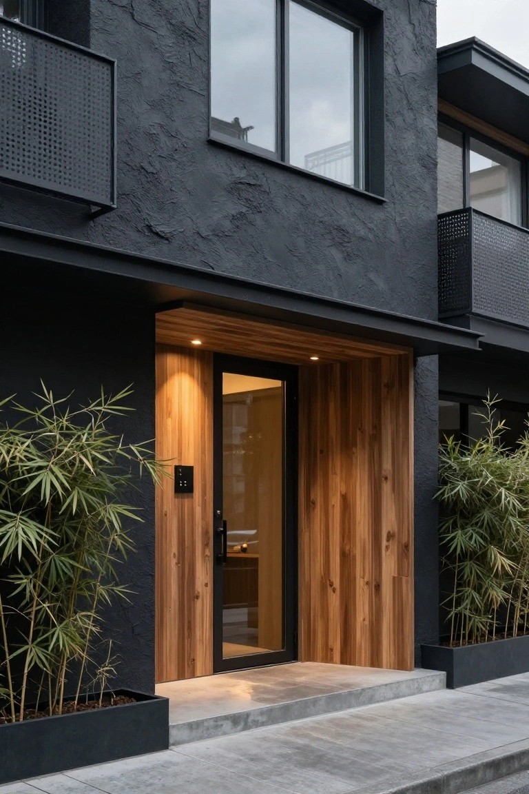 A modern house entrance with a black textured facade, wooden paneling around the door, and bamboo plants on either side.