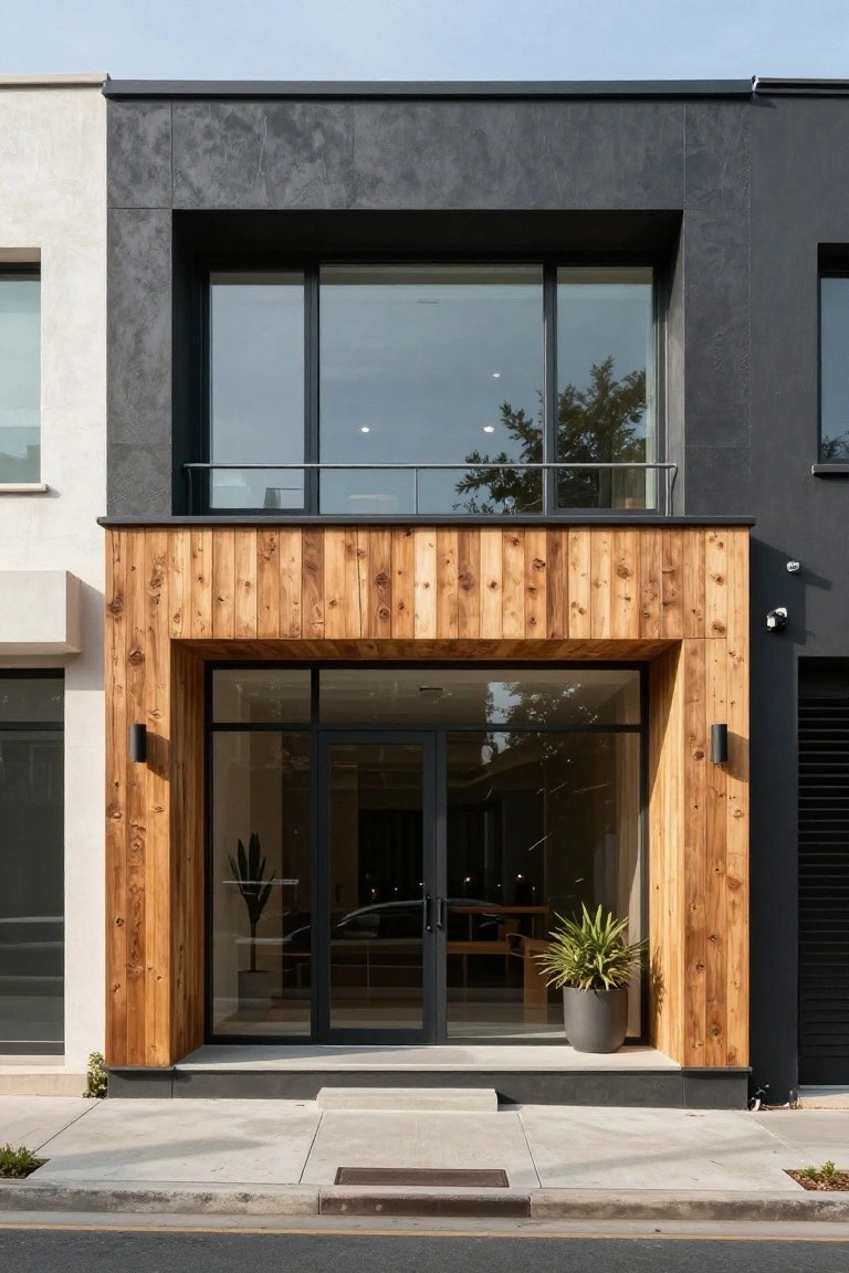 Modern two-story house with dark upper facade, horizontal wood cladding around the entry, and large black-framed glass doors and windows.