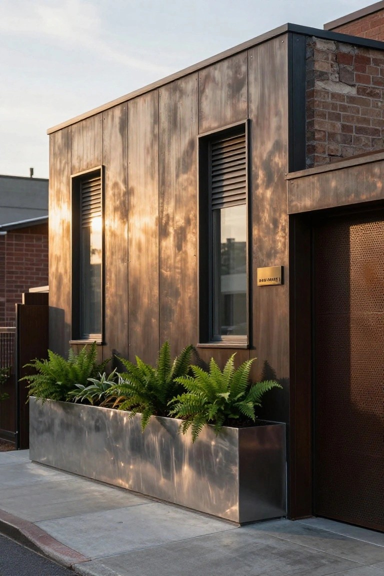A modern house exterior with dark metal siding shows a long rectangular metal planter filled with ferns positioned along the sidewalk.