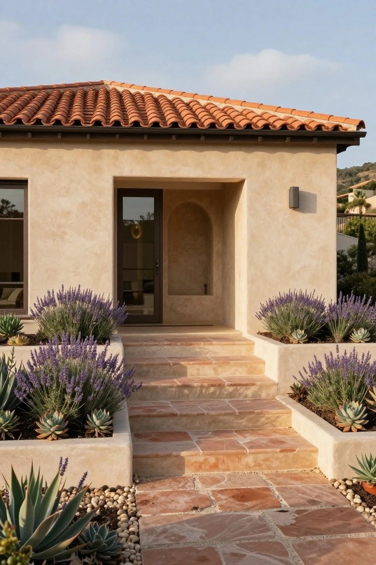 Stucco house entrance with terracotta roof, stone steps, and lavender planters