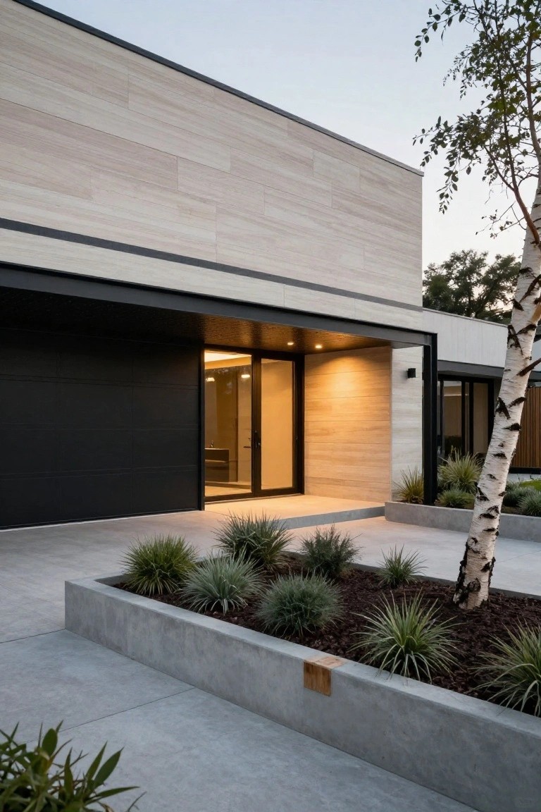 Modern house exterior showing light horizontal panels above a dark garage door, with a recessed entry and concrete planter in the foreground.