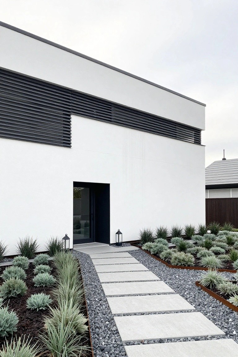 A modern white house exterior with black horizontal louvers above a black door, approached by a concrete stepping stone path through gravel and low landscaping.