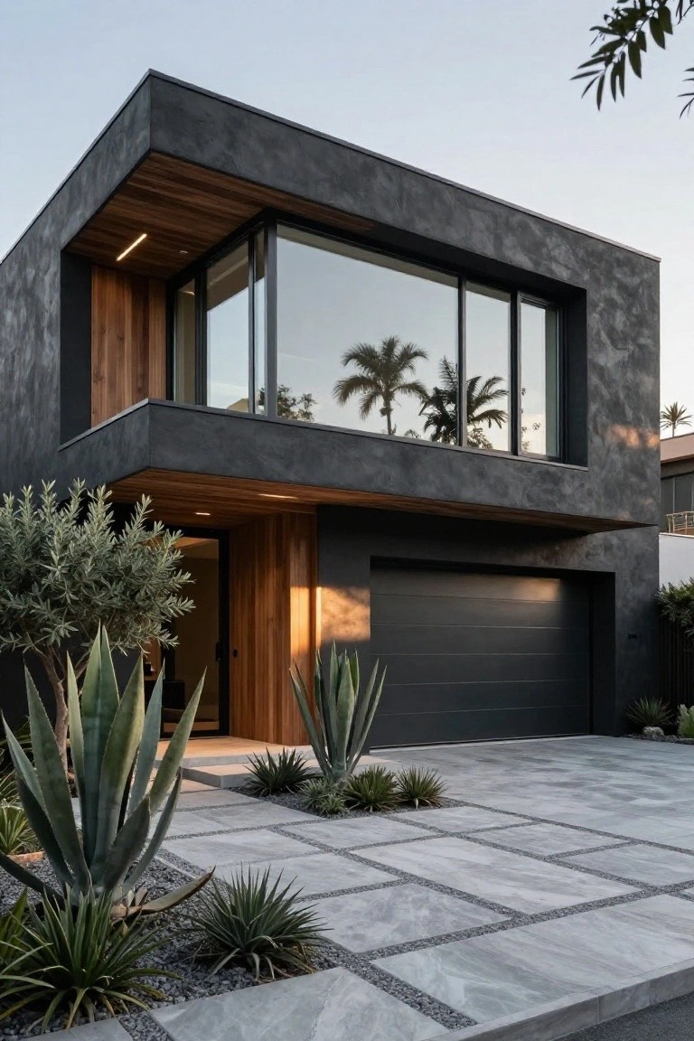 Modern gray concrete house with wood accents, large windows, garage, and agave garden.