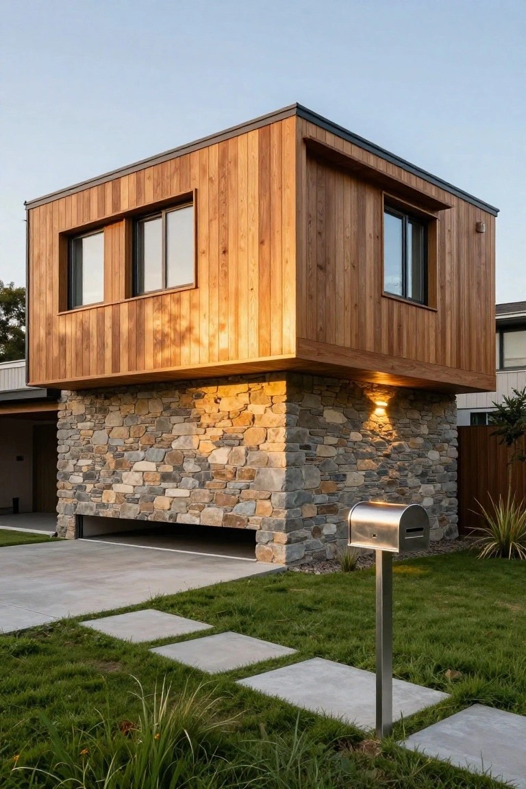 Modern house with wood-clad upper volume resting on a stone base, open carport below, and a stainless steel mailbox in the foreground.
