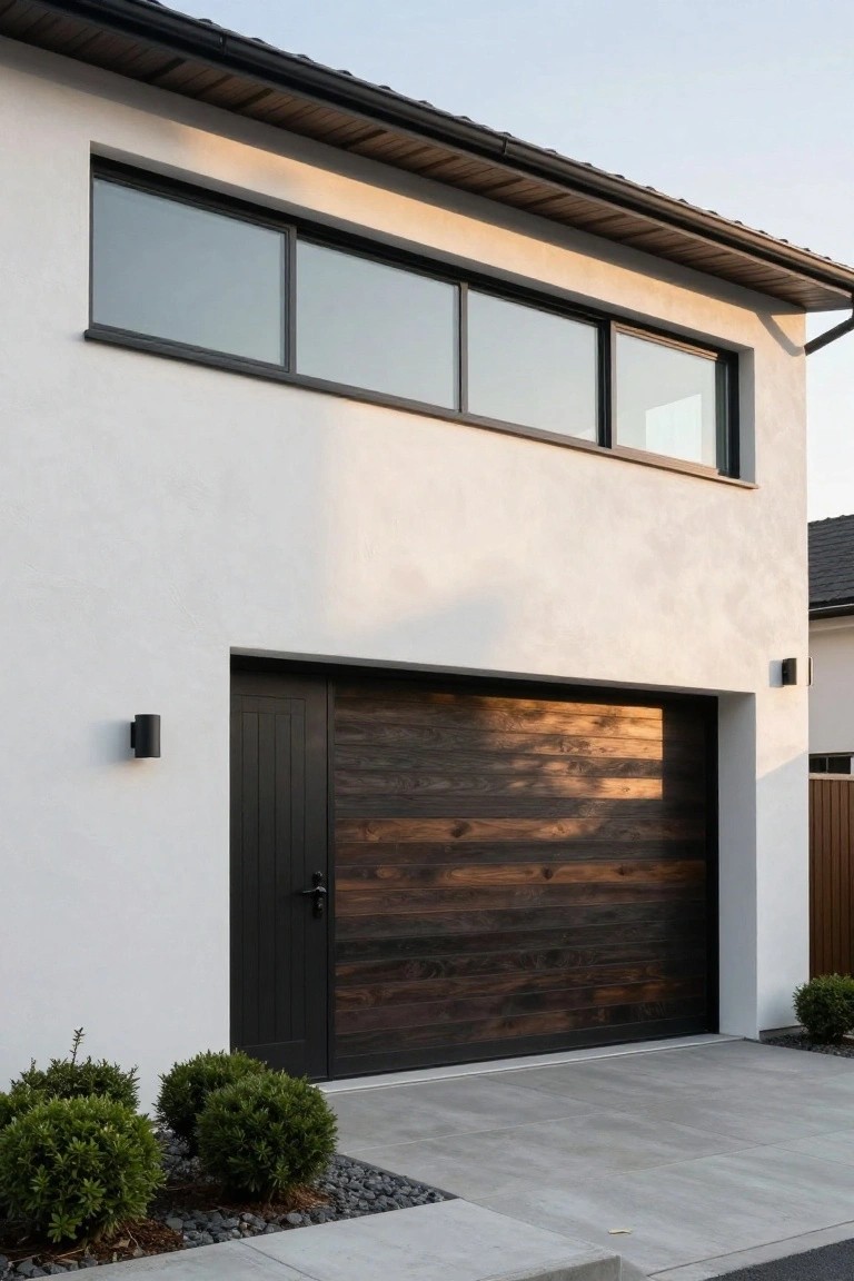 Modern two-story house with white stucco walls, a dark wood horizontal garage door, a black side door, and a band of windows above the garage.