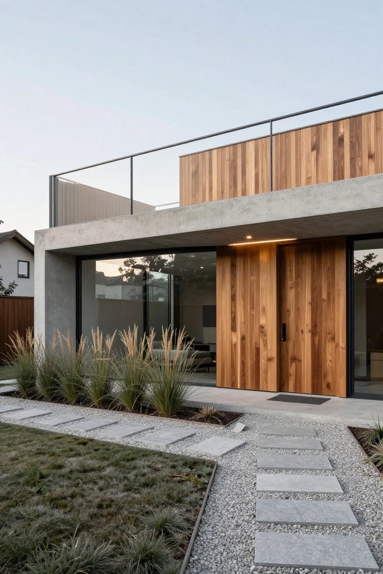 A modern house exterior with exposed concrete, vertical wood siding around the entrance, large glass windows, and a gravel path with stone stepping stones leading to the door.