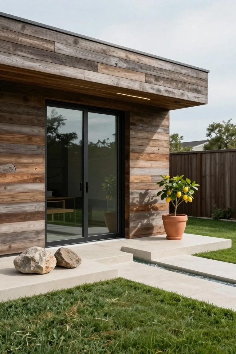 Modern house exterior with horizontal wood siding, black sliding glass doors, concrete steps, rocks, and a potted citrus tree on the lawn.