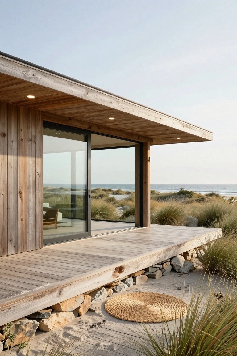 A modern wooden beach house with horizontal siding, large sliding glass doors, and an extended roof over a wooden deck built above sand and rocks.