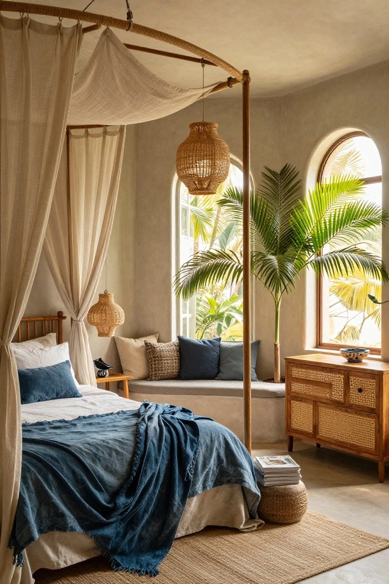 A bedroom featuring a wooden canopy bed with loose linen drapes, blue bedding, a built-in window seat with cushions, and tall potted palms beside arched windows.