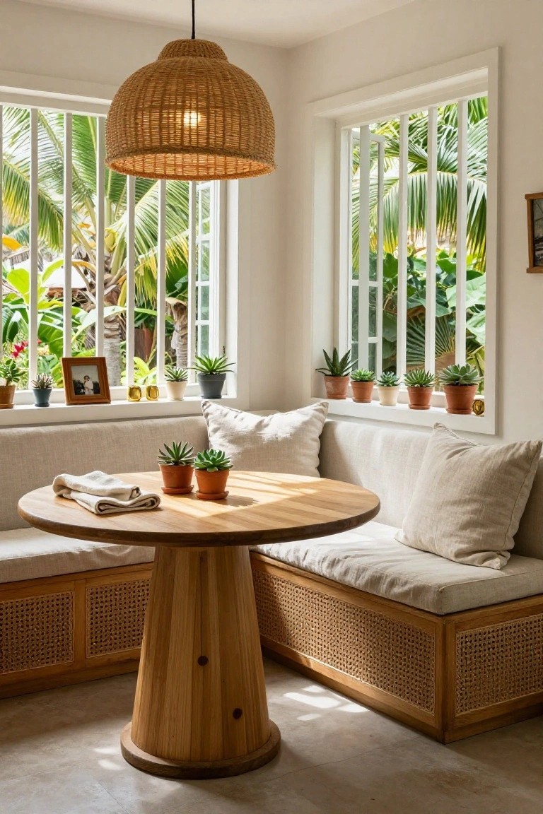 A round wooden pedestal table with folded linens sits in front of a built-in bench with linen cushions beneath large windows lined with small potted plants.