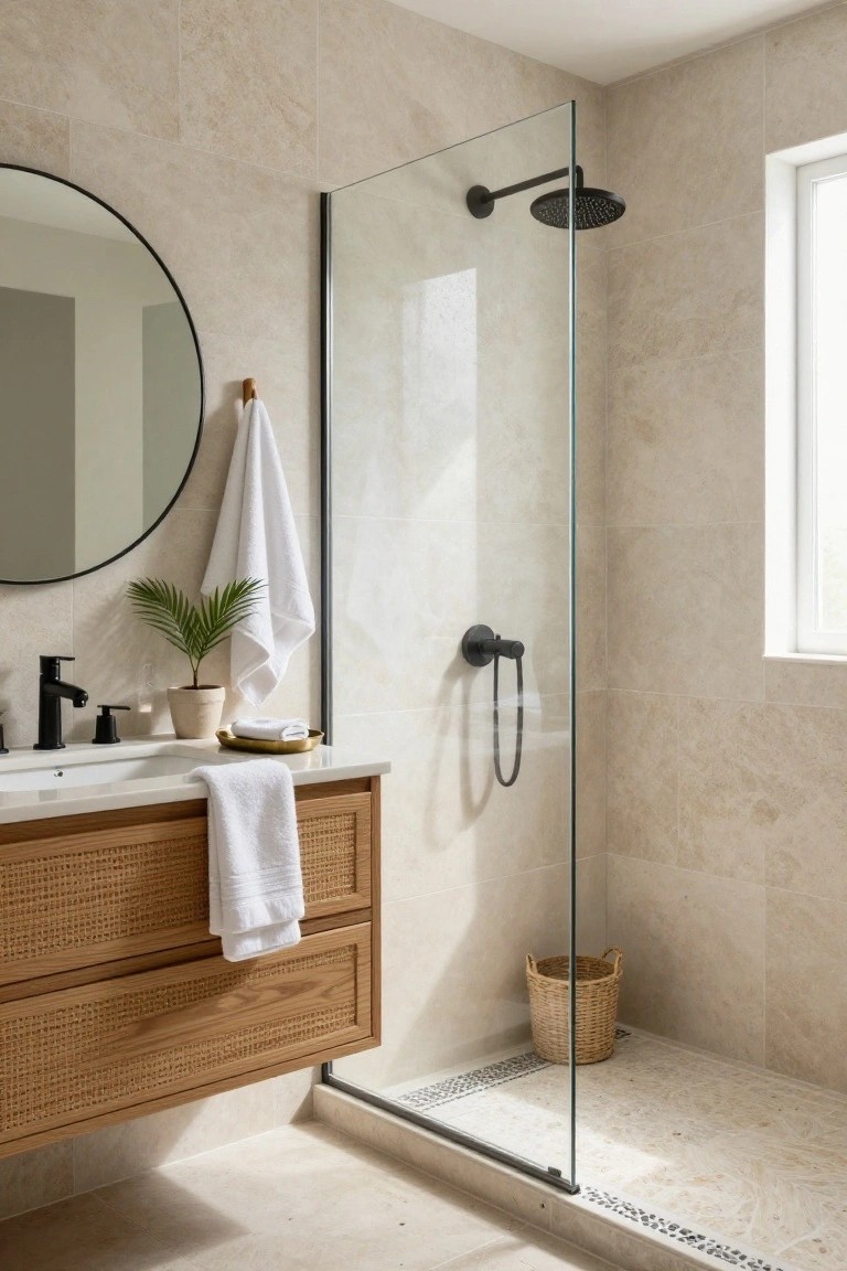 A bathroom with a floating wood vanity featuring cane woven fronts, a round mirror above the sink, and a glass shower enclosure with beige wall tiles.