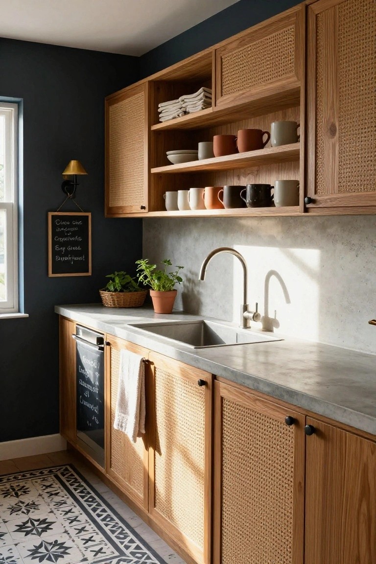 A kitchen interior with wooden cabinets that have cane inserts on the doors, a concrete countertop, stainless steel sink, and dark painted walls.