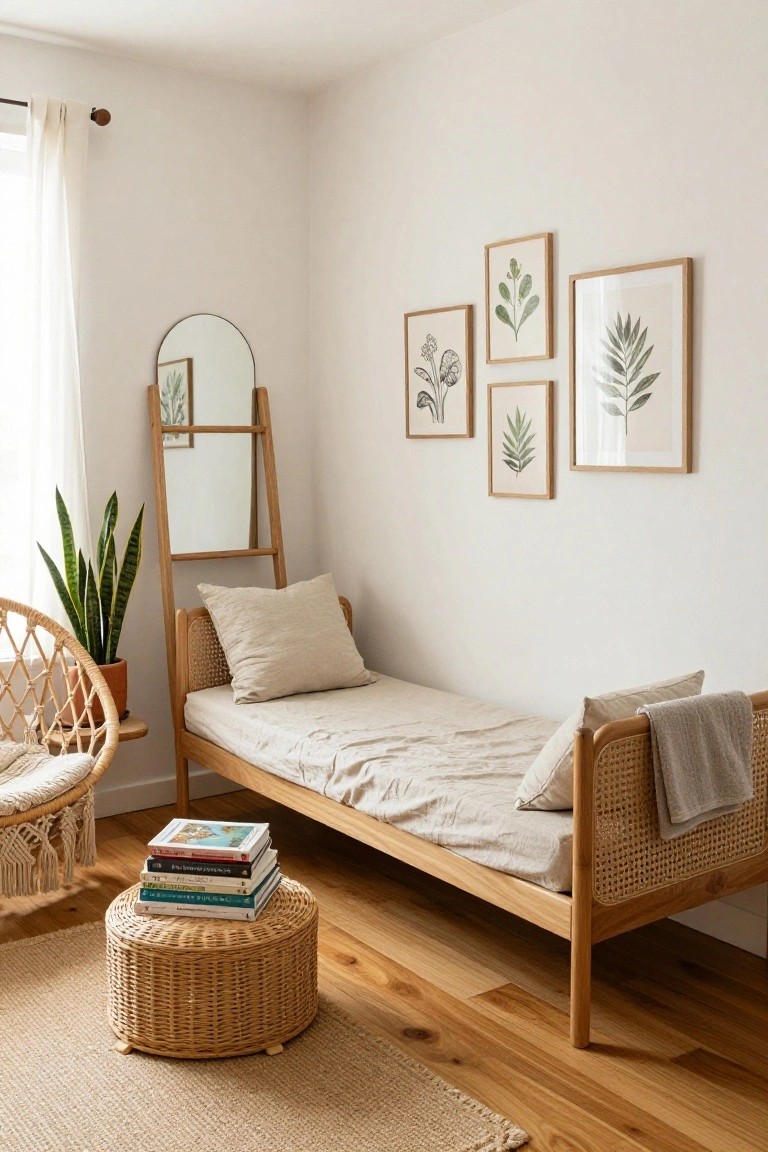 A light-filled bedroom corner with a wooden daybed featuring rattan side panels, beige linen bedding, and a woven ottoman holding stacked books.