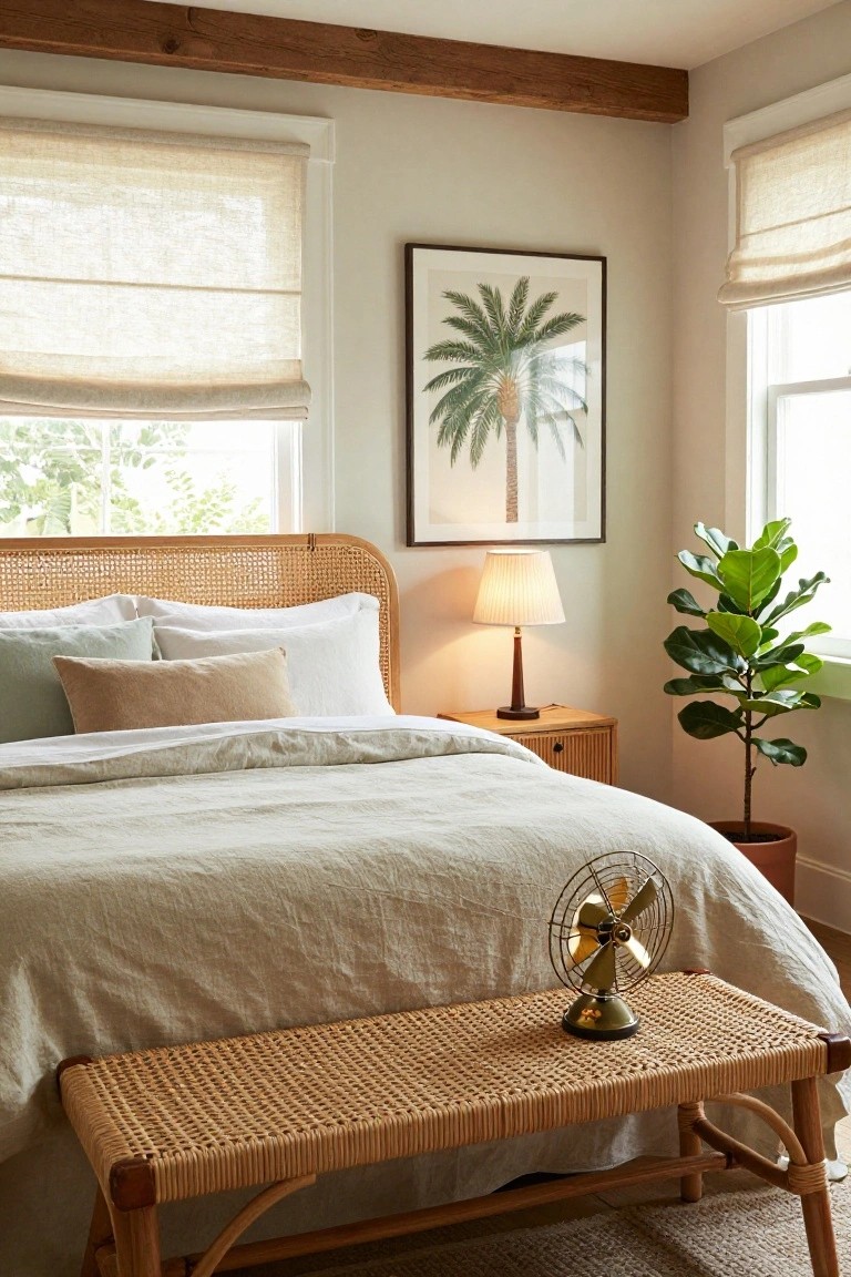 Neutral-toned bedroom with rattan bed, woven bench, palm print, lamp, and houseplant