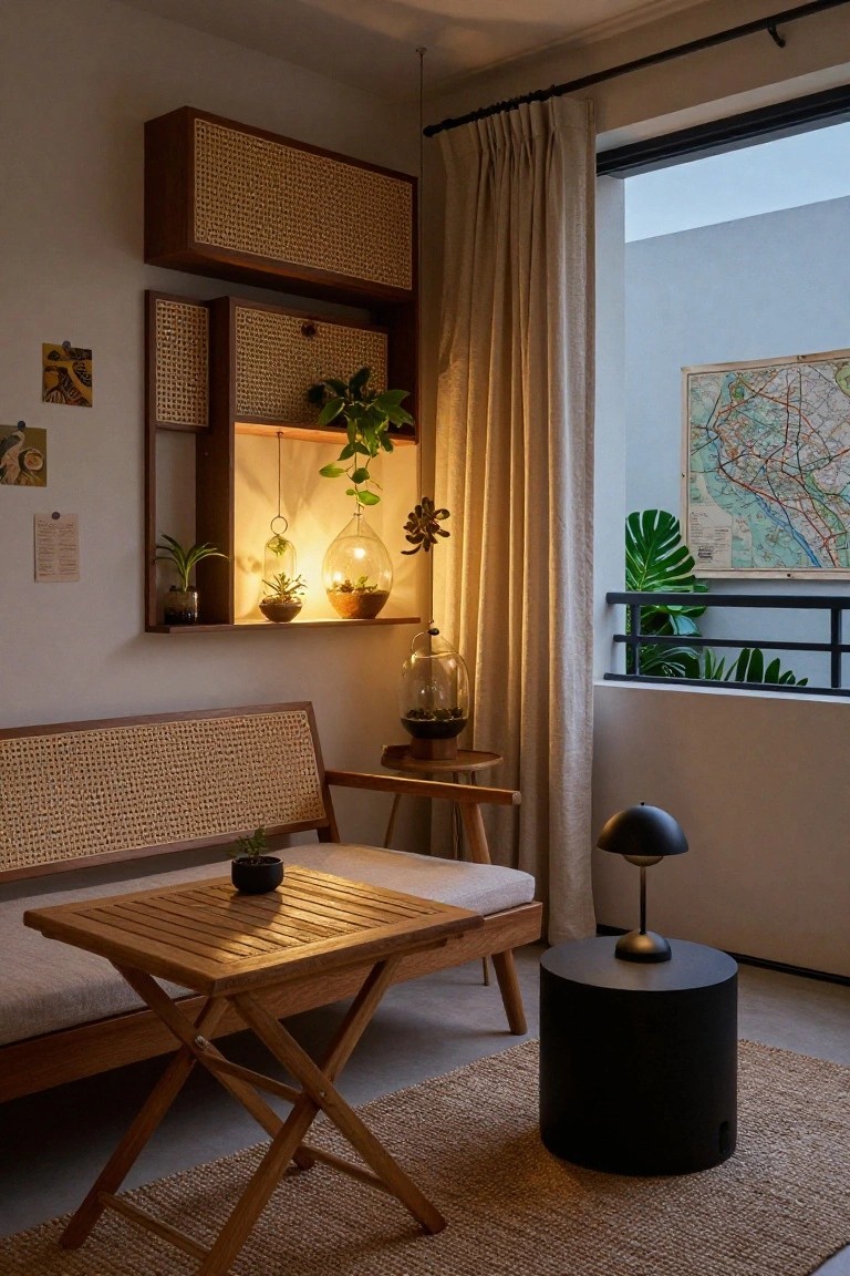 A living room corner with a wooden bench, slatted coffee table, round black side table, and wall-mounted wooden shelves featuring cane panels, integrated lighting, and several small potted plants.