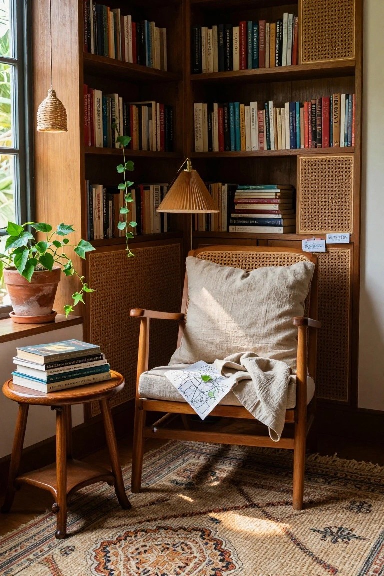 Sunlit reading nook with rattan armchair, bookshelves, plant, and patterned rug