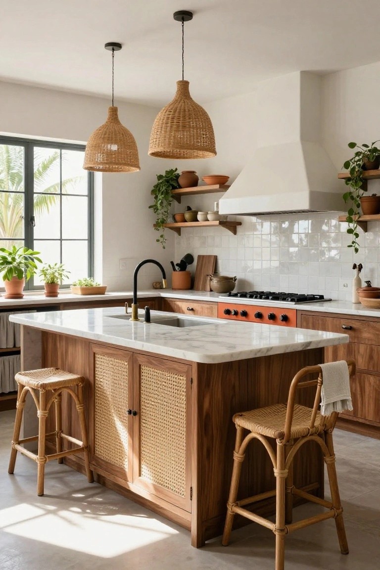 A kitchen island with wood cabinetry featuring cane woven panels, a marble countertop, and rattan bar stools.
