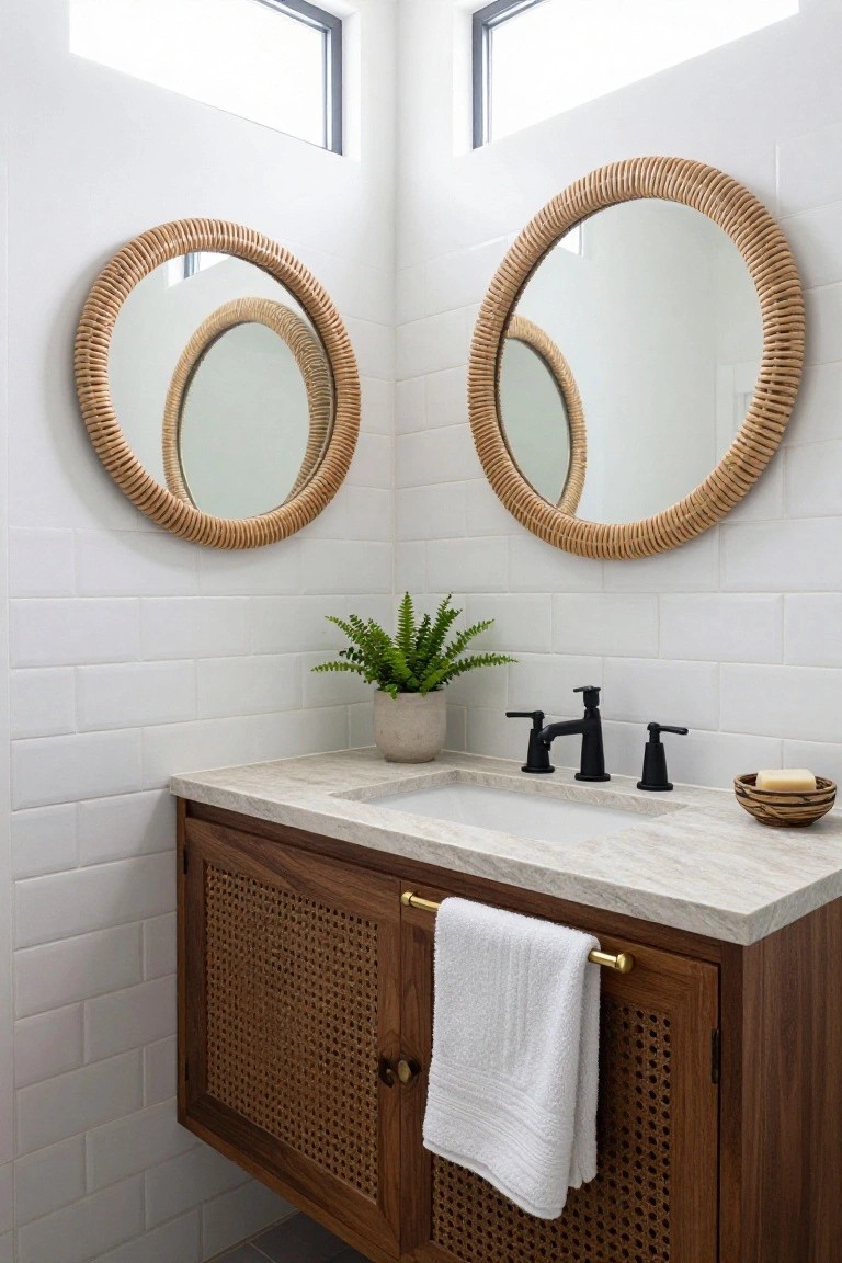 A bathroom vanity with a marble top, dark wood cabinet doors inset with cane panels, two round rattan-framed mirrors on a white tile wall, and a potted fern between the faucets.