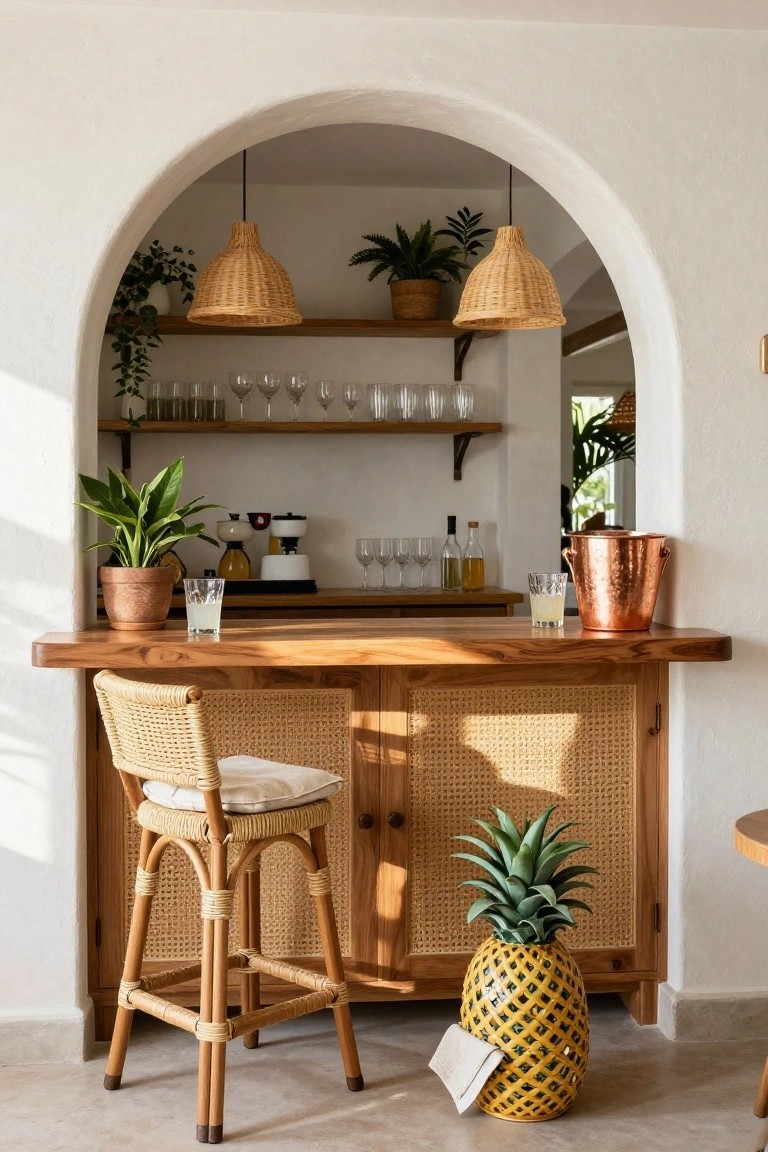 A wooden bar counter with cane webbing cabinet doors, a wicker stool in front, and a pineapple ice bucket on the floor under an arched opening.