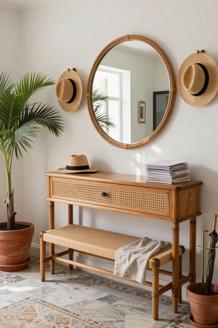 A wooden console table with cane webbing on the drawer front sits below a round rattan mirror, with a woven bench underneath and potted plants on the floor.