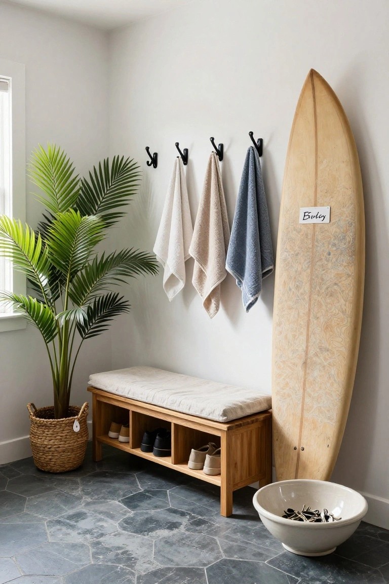 A wooden bench with a light cushion and open cubbies holding shoes sits below black wall hooks with towels, next to a potted palm and a surfboard on a tiled floor.